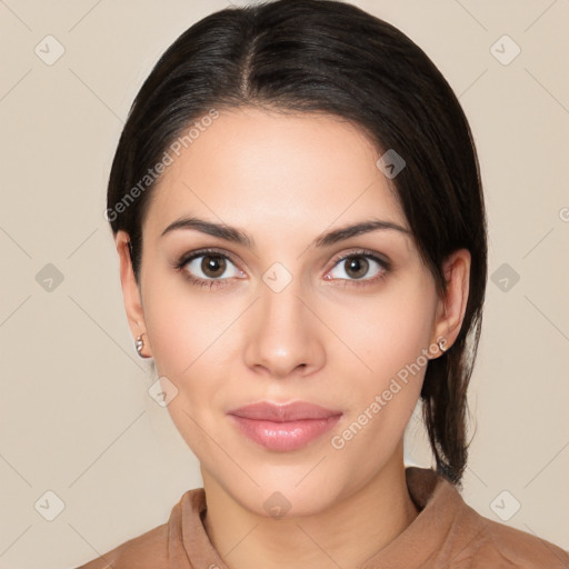 Neutral white young-adult female with medium  brown hair and brown eyes