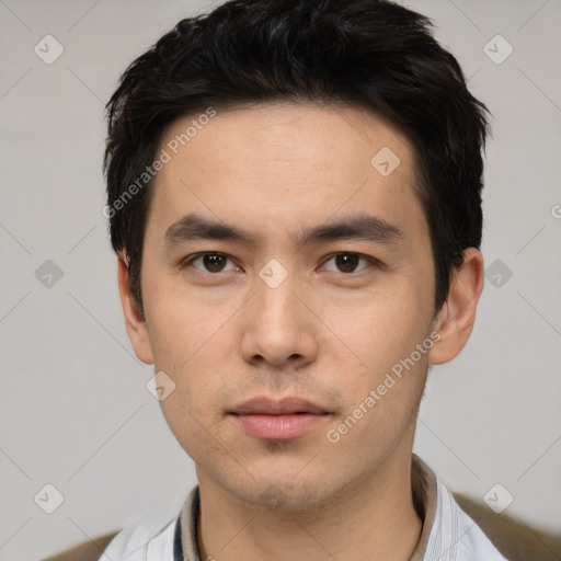 Neutral white young-adult male with short  black hair and brown eyes