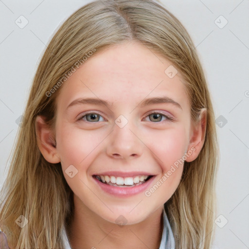 Joyful white young-adult female with long  brown hair and blue eyes