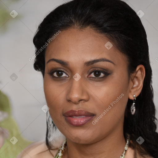 Joyful black young-adult female with medium  brown hair and brown eyes