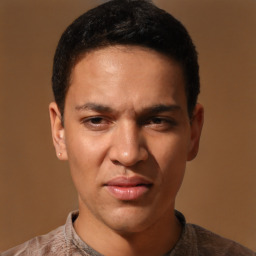 Joyful latino adult male with short  black hair and brown eyes