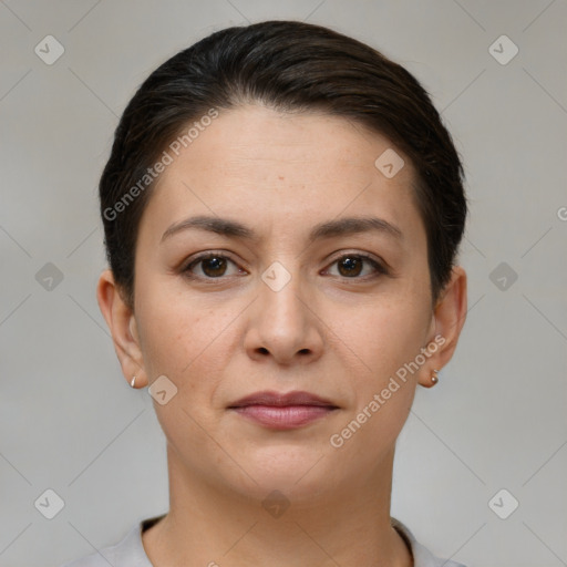 Joyful white young-adult female with short  brown hair and brown eyes