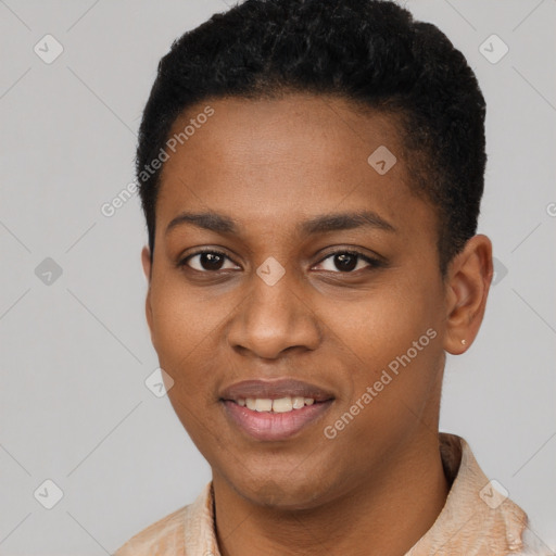 Joyful latino young-adult female with short  black hair and brown eyes