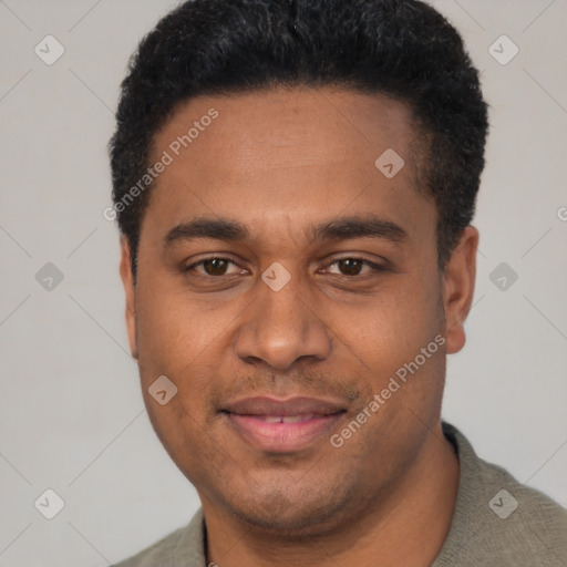 Joyful white young-adult male with short  black hair and brown eyes