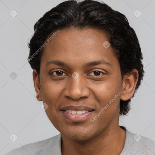 Joyful black young-adult male with short  black hair and brown eyes