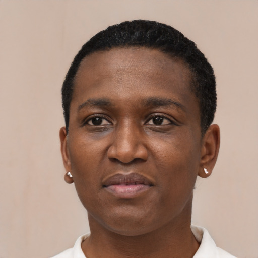 Neutral black young-adult female with short  black hair and brown eyes