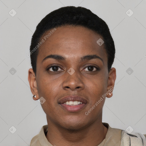 Neutral black young-adult female with short  black hair and brown eyes