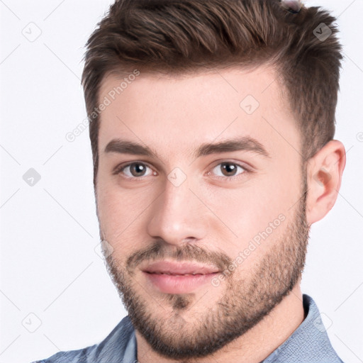 Neutral white young-adult male with short  brown hair and brown eyes