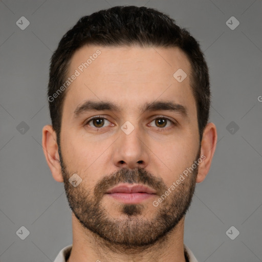 Neutral white young-adult male with short  brown hair and brown eyes