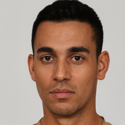 Neutral latino young-adult male with short  black hair and brown eyes