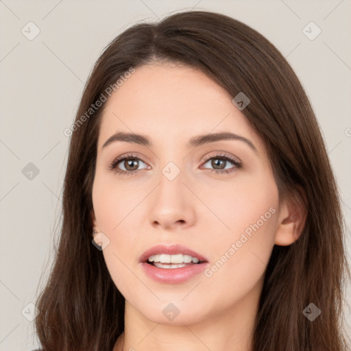 Neutral white young-adult female with long  brown hair and brown eyes