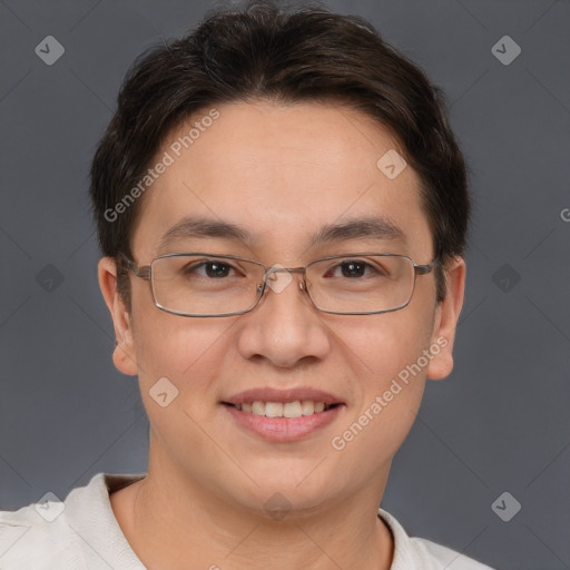 Joyful white adult female with short  brown hair and brown eyes