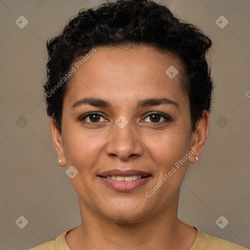 Joyful latino young-adult female with short  brown hair and brown eyes