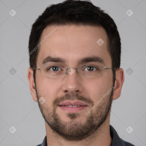 Neutral white young-adult male with short  brown hair and brown eyes