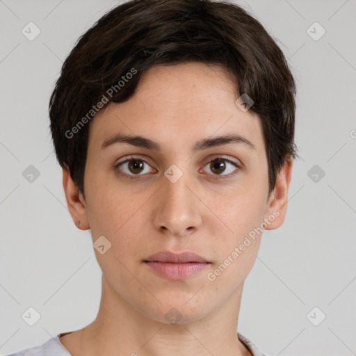 Neutral white young-adult female with short  brown hair and brown eyes