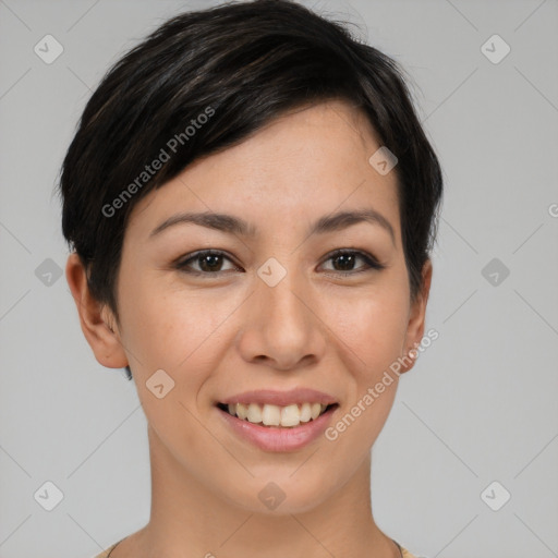 Joyful asian young-adult female with short  brown hair and brown eyes