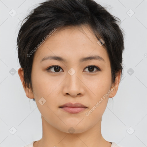 Neutral asian young-adult female with medium  brown hair and brown eyes