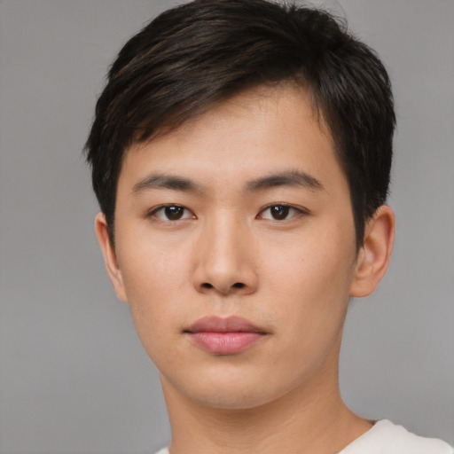 Neutral asian young-adult male with short  brown hair and brown eyes