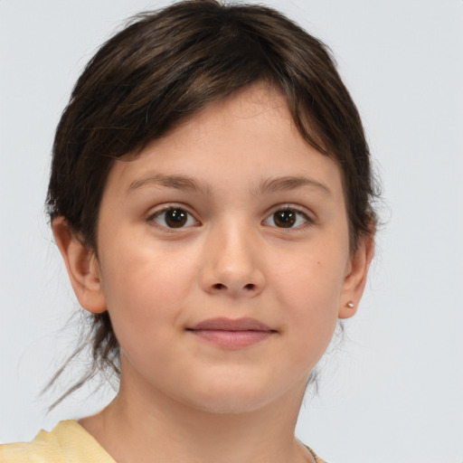 Joyful white child female with medium  brown hair and brown eyes