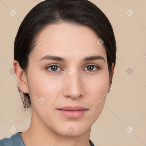 Neutral white young-adult female with short  brown hair and brown eyes