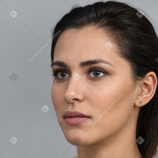 Neutral white young-adult female with medium  brown hair and brown eyes