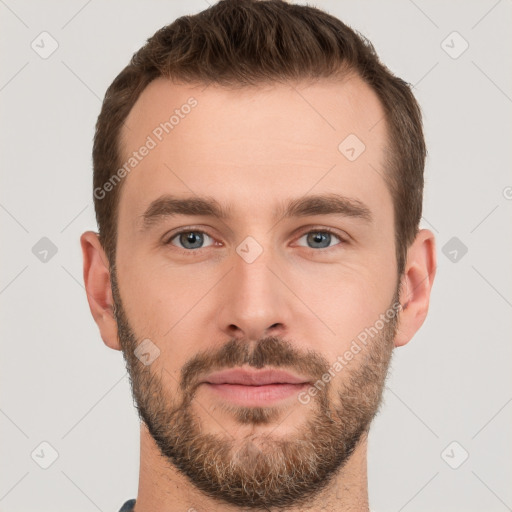 Neutral white young-adult male with short  brown hair and brown eyes