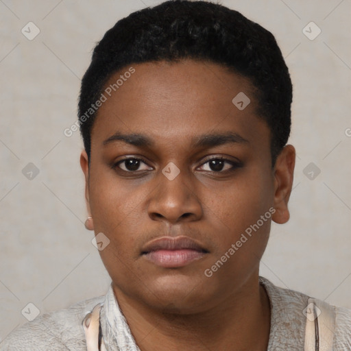 Neutral black young-adult male with short  black hair and brown eyes