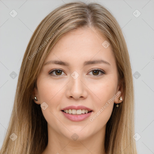 Joyful white young-adult female with long  brown hair and brown eyes