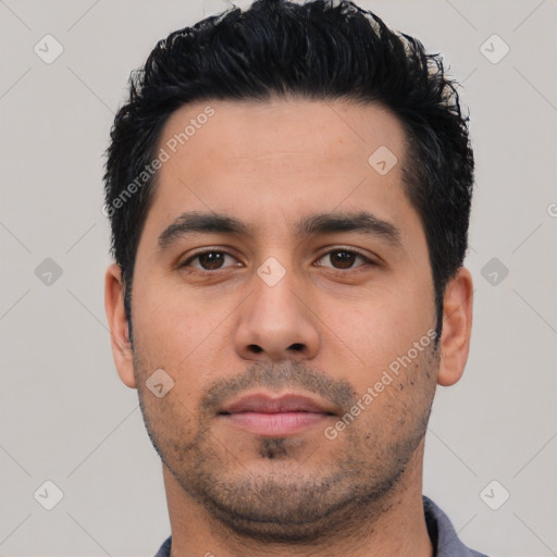 Neutral latino young-adult male with short  black hair and brown eyes