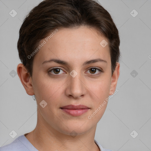 Joyful white young-adult female with short  brown hair and grey eyes