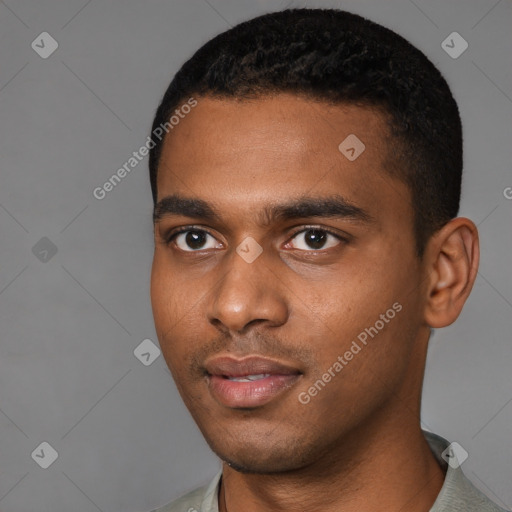 Neutral black young-adult male with short  black hair and brown eyes