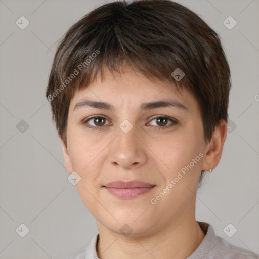 Joyful white young-adult female with short  brown hair and brown eyes