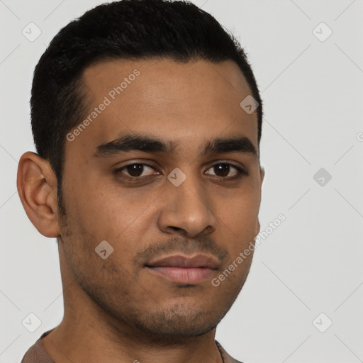 Neutral latino young-adult male with short  black hair and brown eyes