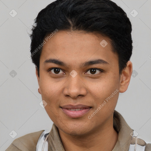 Joyful latino young-adult female with short  black hair and brown eyes