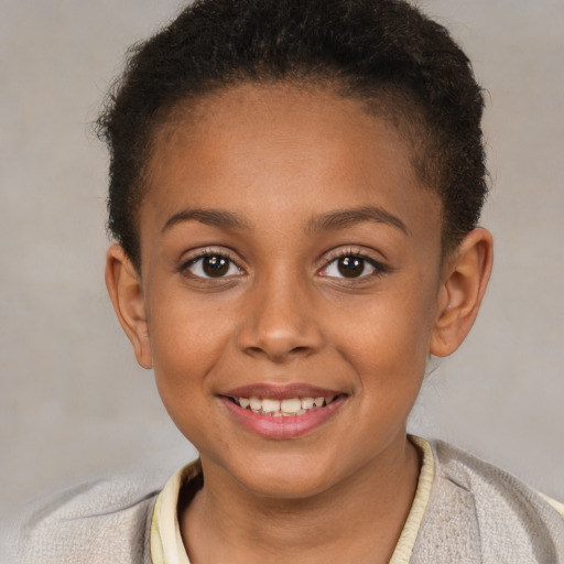 Joyful white child female with short  brown hair and brown eyes