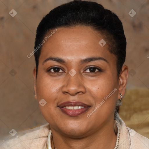 Joyful latino young-adult female with short  brown hair and brown eyes