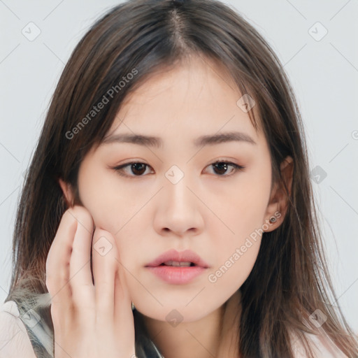 Neutral white young-adult female with medium  brown hair and brown eyes