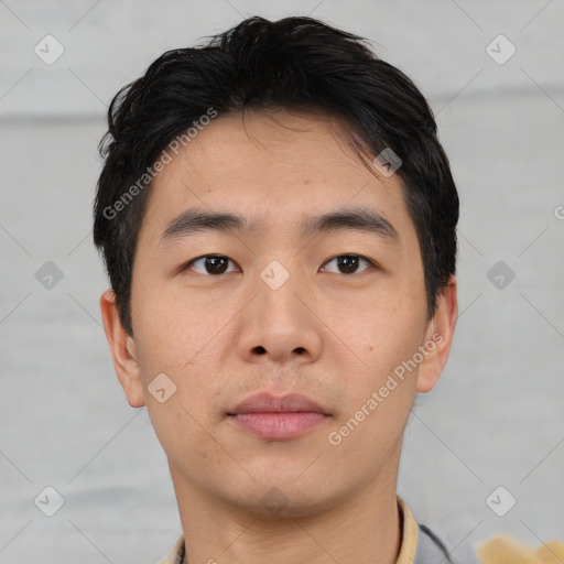 Neutral asian young-adult male with short  black hair and brown eyes