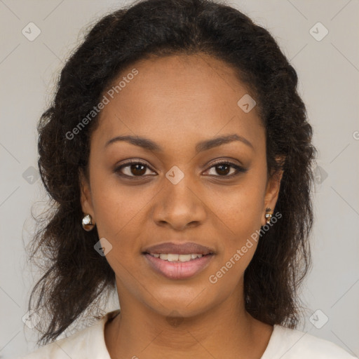 Joyful black young-adult female with long  brown hair and brown eyes