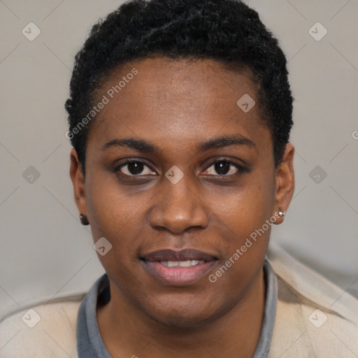 Joyful black young-adult female with short  black hair and brown eyes