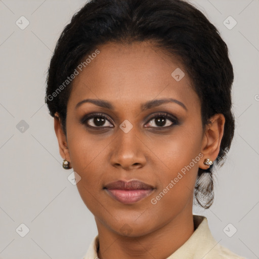 Neutral black young-adult female with short  brown hair and brown eyes