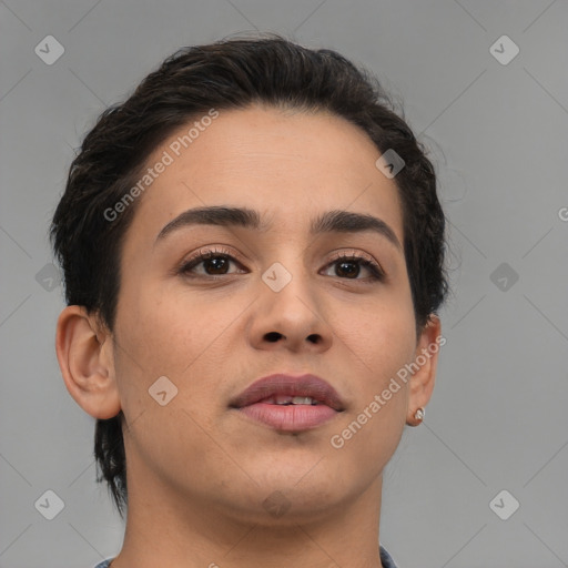 Joyful white young-adult female with medium  brown hair and brown eyes