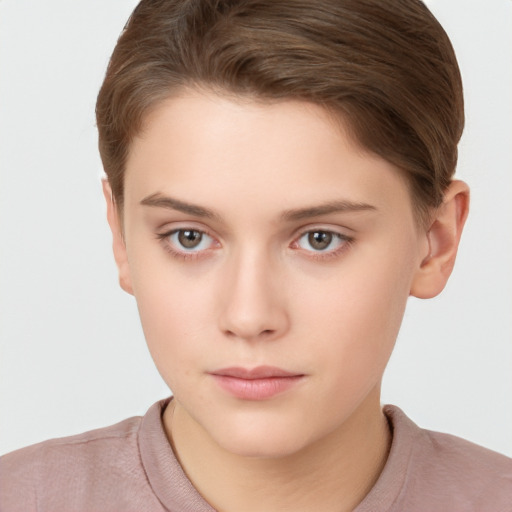 Neutral white young-adult female with short  brown hair and brown eyes