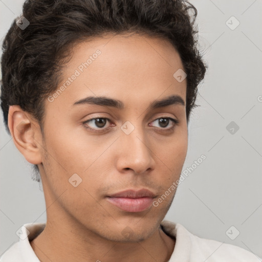 Neutral white young-adult female with short  brown hair and brown eyes