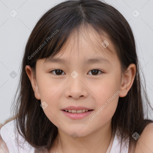 Joyful white child female with medium  brown hair and brown eyes