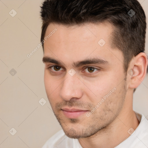 Neutral white young-adult male with short  brown hair and brown eyes