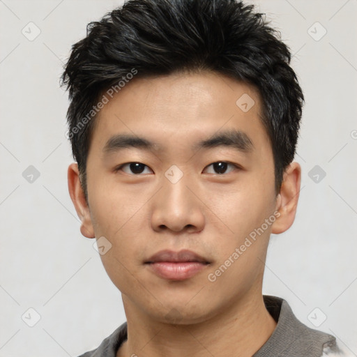 Neutral asian young-adult male with short  black hair and brown eyes