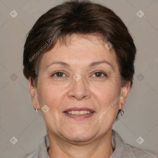 Joyful white adult female with short  brown hair and brown eyes