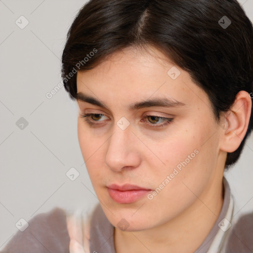 Neutral white young-adult female with medium  brown hair and brown eyes