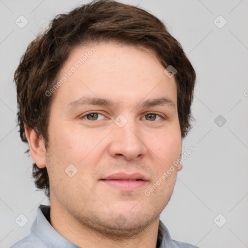 Neutral white young-adult male with short  brown hair and grey eyes